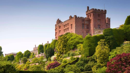 View of Powis Castle, perched above its terraced gardens, Powys, Wales, in August.